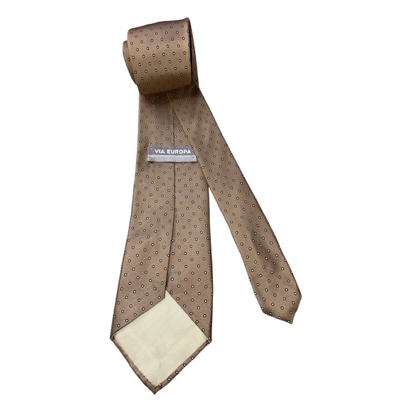 Via Europa Vintage 100% Silk Tie Tan with Black and White Polka Pattern - Picture 3 of 4